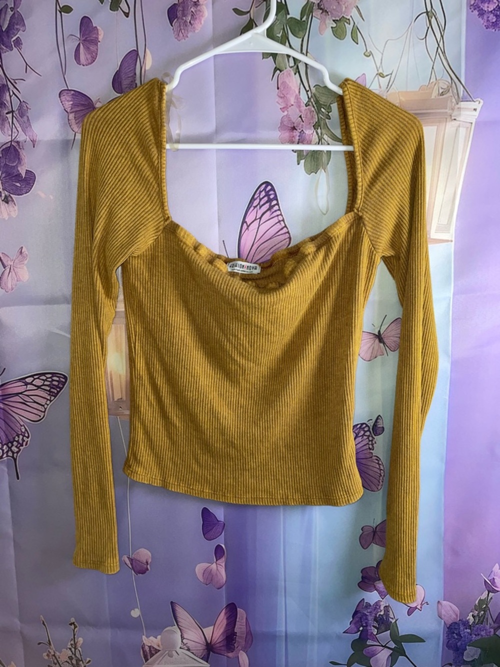 Fashion Nova Mustard Ribbed Long Sleeve Square Neck Top